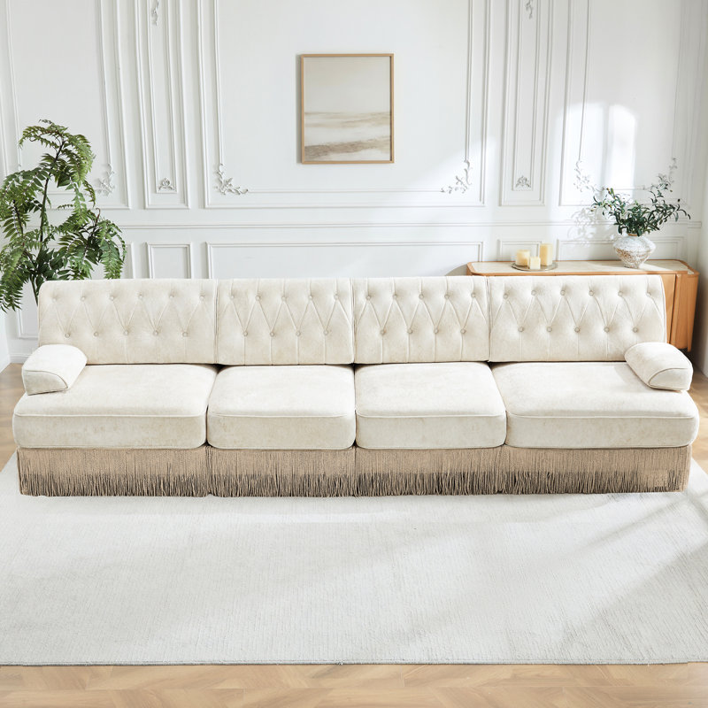 Velours beige style 4, jupe à pampilles, base en bois, assise moelleuse avec mousse haute confortable et assise chaude
