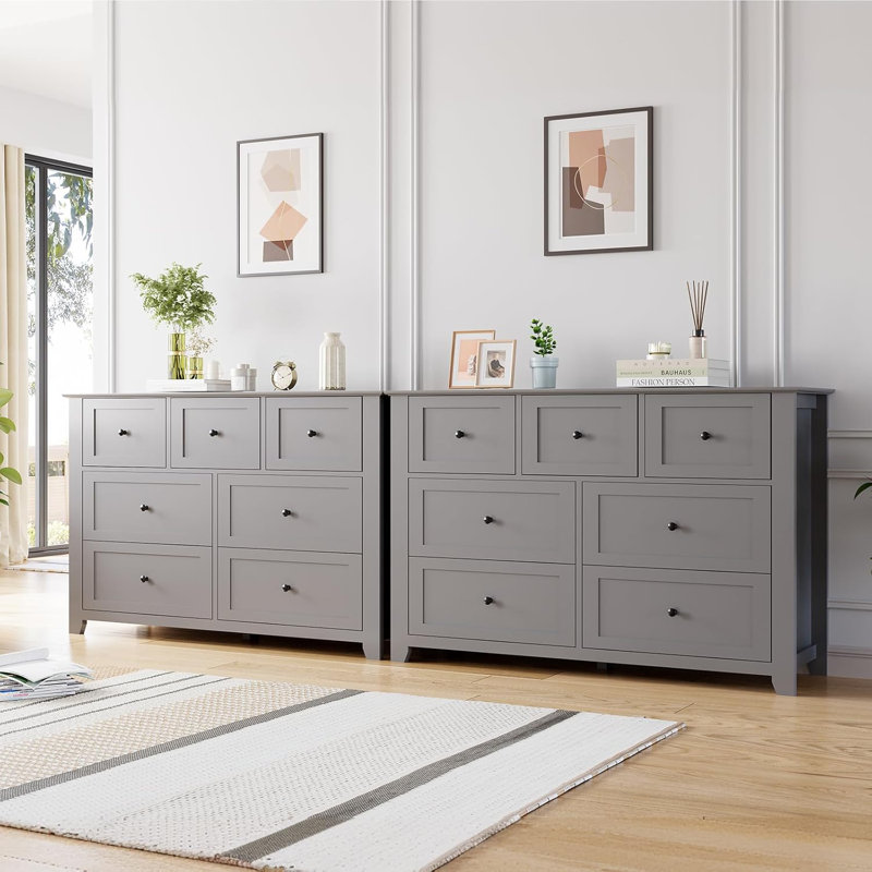 Commode de rangement grise à 7 tiroirs, commode peinte de grande taille 2 pièces avec glissières lisses, armoire de base inclinée stable