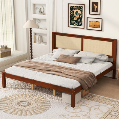 Lit plateforme en bois massif avec tête de lit en rotin, cadre de lit Boho de style campagnard, rangement sous le lit, aucun sommier nécessaire