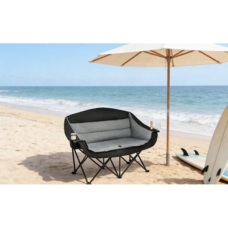 Double Camping Chair Loveseat - 2 Person Oversized Camping Couch for Adults Padded Heavy Duty Outdoor Lawn Beach Portable Folding Chairs with Cup Holders and Carry Bag Support 600lbs