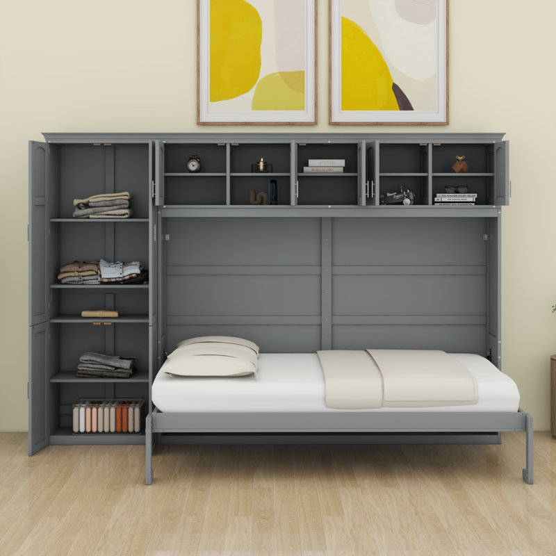 Murphy Bed Wall Bed With Cabinets, Gray