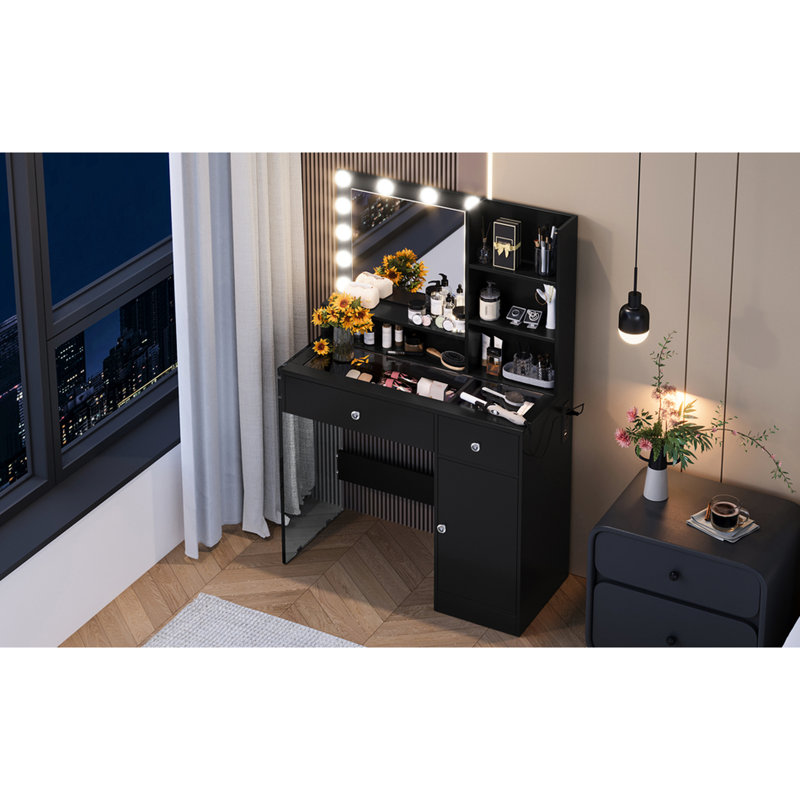 Bureau de meuble-lavabo avec poignées à boutons en cristal, miroir haute définition, 3 modes et structure de verre de sécurité pour port de chargement noir, 2 tiroirs avec options d'éclairage