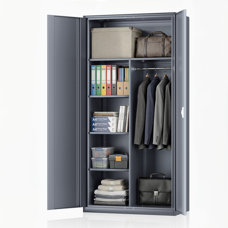 72" Metal Storage Cabinet, Storage Wardrobe Organizer with Hanging Rod, Locking Door and Adjustable Shelves, Gray