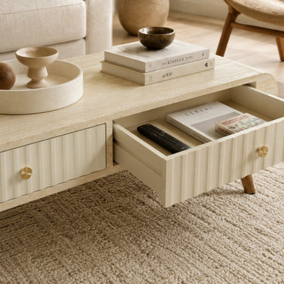 Calline Coffee Table with Faux Marble Top Fluted Drawer and Solid Wood Legs