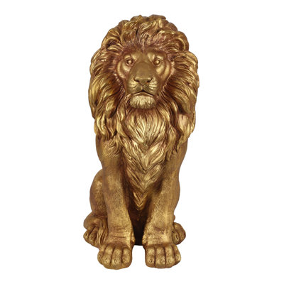 24.6"H Sitting Lion Garden Sculpture, MGO Outdoor Statue, Majestic Animal Ornament for Front Door Porch Yard Villa Courtyard Decor, Gold
