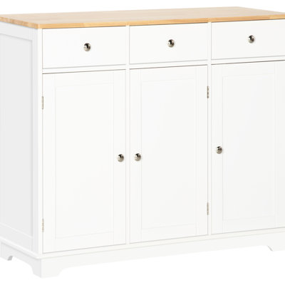 Storage Cabinet Sideboard - Modern White With Solid Wood Countertop, 3 Drawers, Doors, Adjustable Shelf And For Kitchen