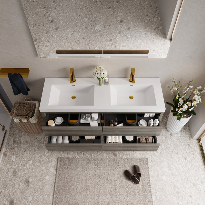 Meuble-lavabo flottant de 60 po avec deux lavabos, finition gris cendré, surface en résine de pierre, mouvement de tiroir à fermeture silencieuse, pré-assemblé pour une installation rapide, grand espace de rangement disponible
