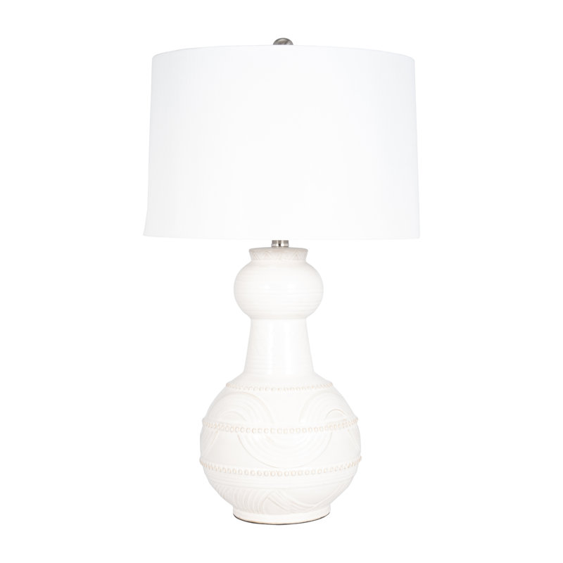 Chinyere Stoneware and Ceramic Table Lamp with Metal Accents and Fabric Shade, White