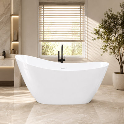 59" Glossy White Acrylic Single Slipper Freestanding Bathtub With Integrated Slotted Overflow And Center Drain - Luxury High-Back Soaking Tub