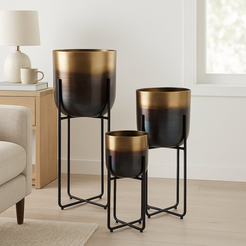 Planters On Stands Metal Iron Modern Design Indoor Outdoor Home Garden Use Set Of 3 - 27", 20", 15" Gold, Black, Gunmetal