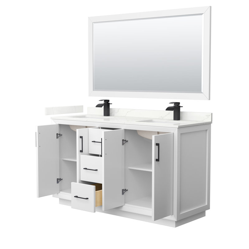 Strada 60'' W Double Vanity, Giotto Quartz, White, Matte Black