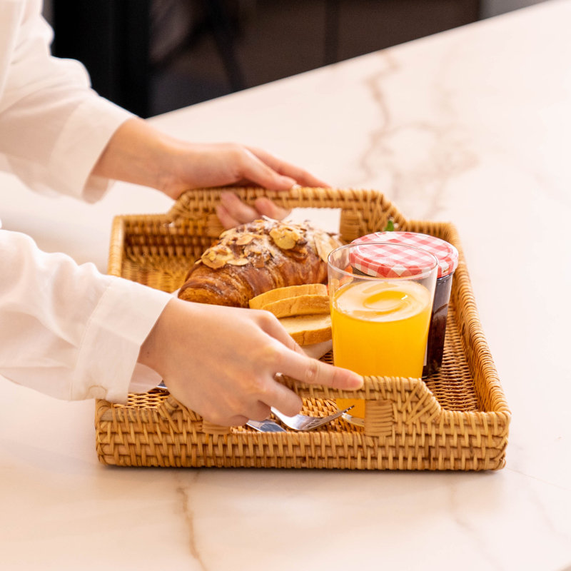 YANGQIHOME Handwoven Rattan Serving Tray with Handles for Coffee Table,Kitchen Counter Decor