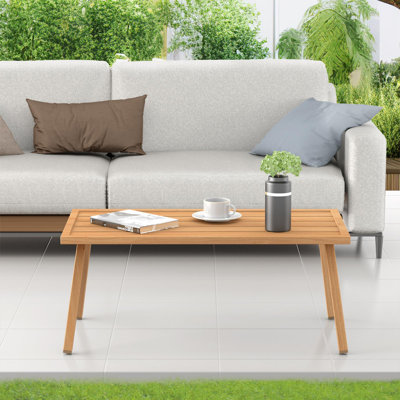 Small Metal Outdoor Coffee Side Table For Outside Patio, Rectangle, Wood Look