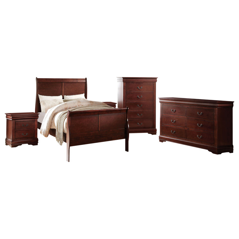 Ensemble de chambre à coucher Engstrom, Cerisier, Double, 5 pièces : lit, commode, miroir, table de chevet