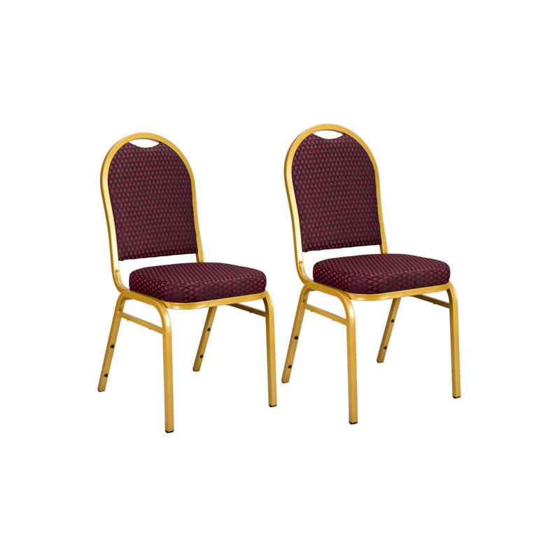 Patterned Fabric, Gold Steel Frame, Dome Back Banquet Chair, 2 Chair Bundle By Chivari, Burgundy