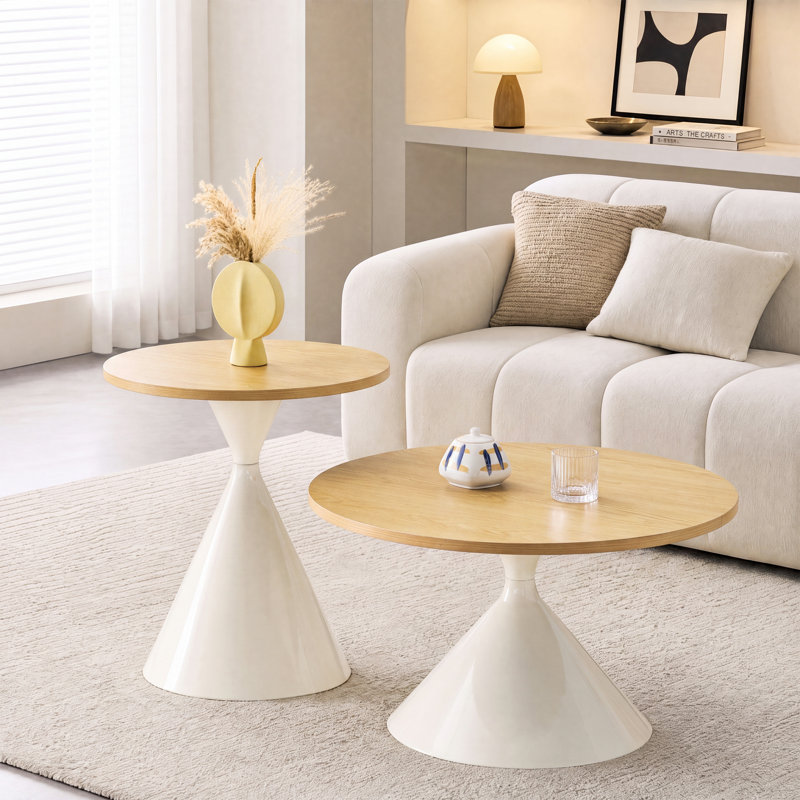 Living Room Table Set, Cream, Natural Wood