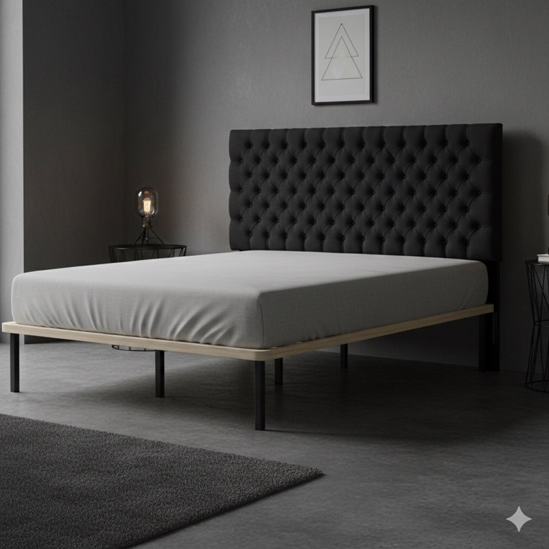 Queen-Sized Padded Headboard With Contemporary Button-Tufted Detailing, Adjustable Solid Wood Construction, Supported By Durable Metal Legs For Bedroom Use.