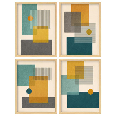 "Carré Mid-Century géométrique bleu sarcelle, formes abstraites, illustrations, décor", 4 pièces