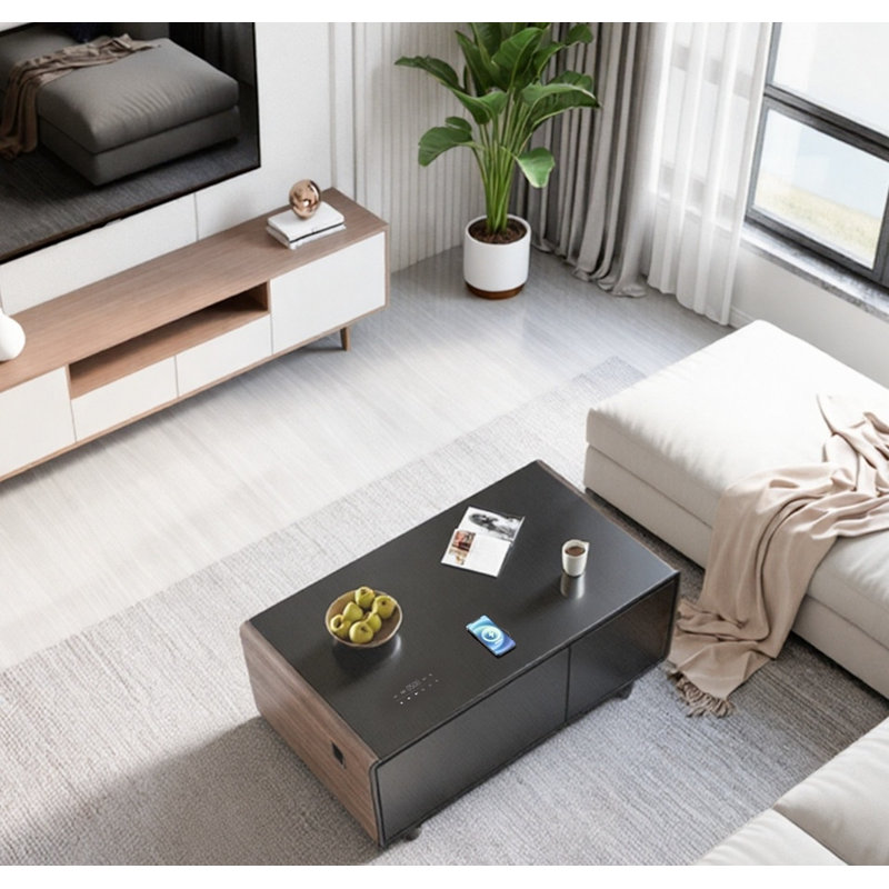 Modern Smart Coffee Table with Built-in Fridge & Freezer Drawers, Bluetooth Speaker, Wireless Charging, Touch Control, USB Port & Power Outlet, LED Atmosphere Light