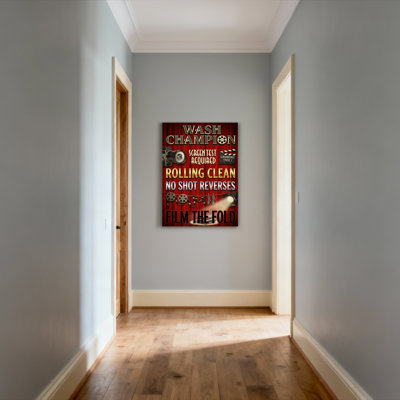 Wash Champion Film Noir Style Canvas Wrapped Wall Art Laundry Room Decor With Movie Theme And Red Background Print (Set Of 1)