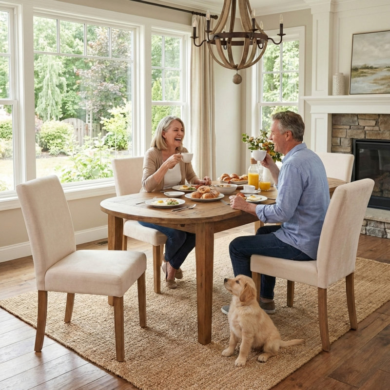 Fabric Upholstered Dining Chairs High Back Parsons Kitchen Chairs With Adjustable Pads And Solid Wood Feet, Beige