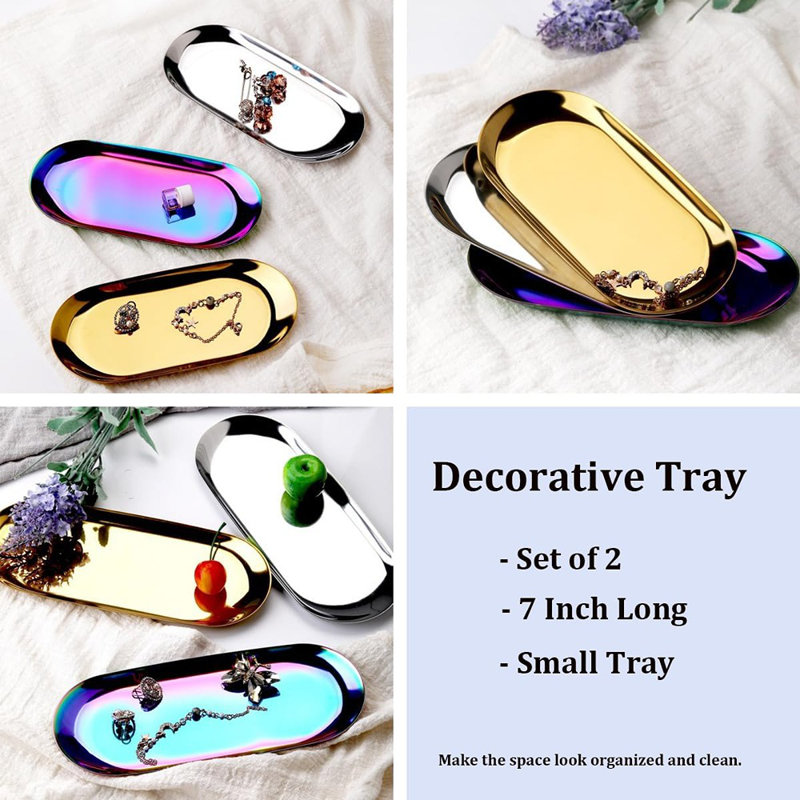 Plateaux décoratifs dorés en acier inoxydable, organisateur de coiffeuse ovale pour bijoux, cosmétiques et accessoires de salle de bain