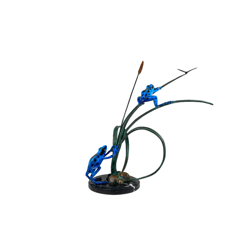 Bronze Frogs and Dragonfly on Grass Table Top Sculpture, Blue