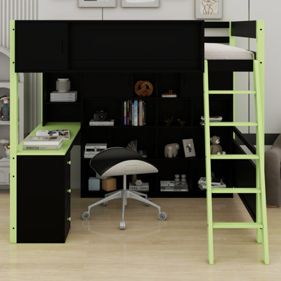 Lit mezzanine en bois avec bureau, grand espace de rangement et lumière