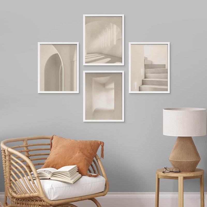 Mid-Century neutre, impression encadrée 4 pièces, H 16 po x l 12 po x P 1 po, Cadre blanc