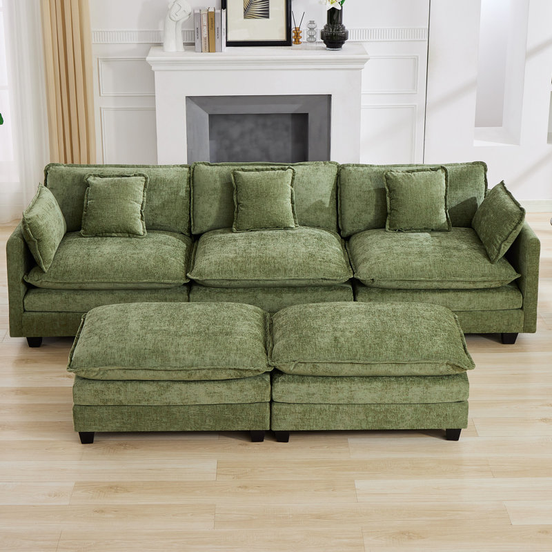 Canapé modulaire rembourré en chenille avec repose-pieds Chenille, 3 sièges + 2 repose-pieds, Vert