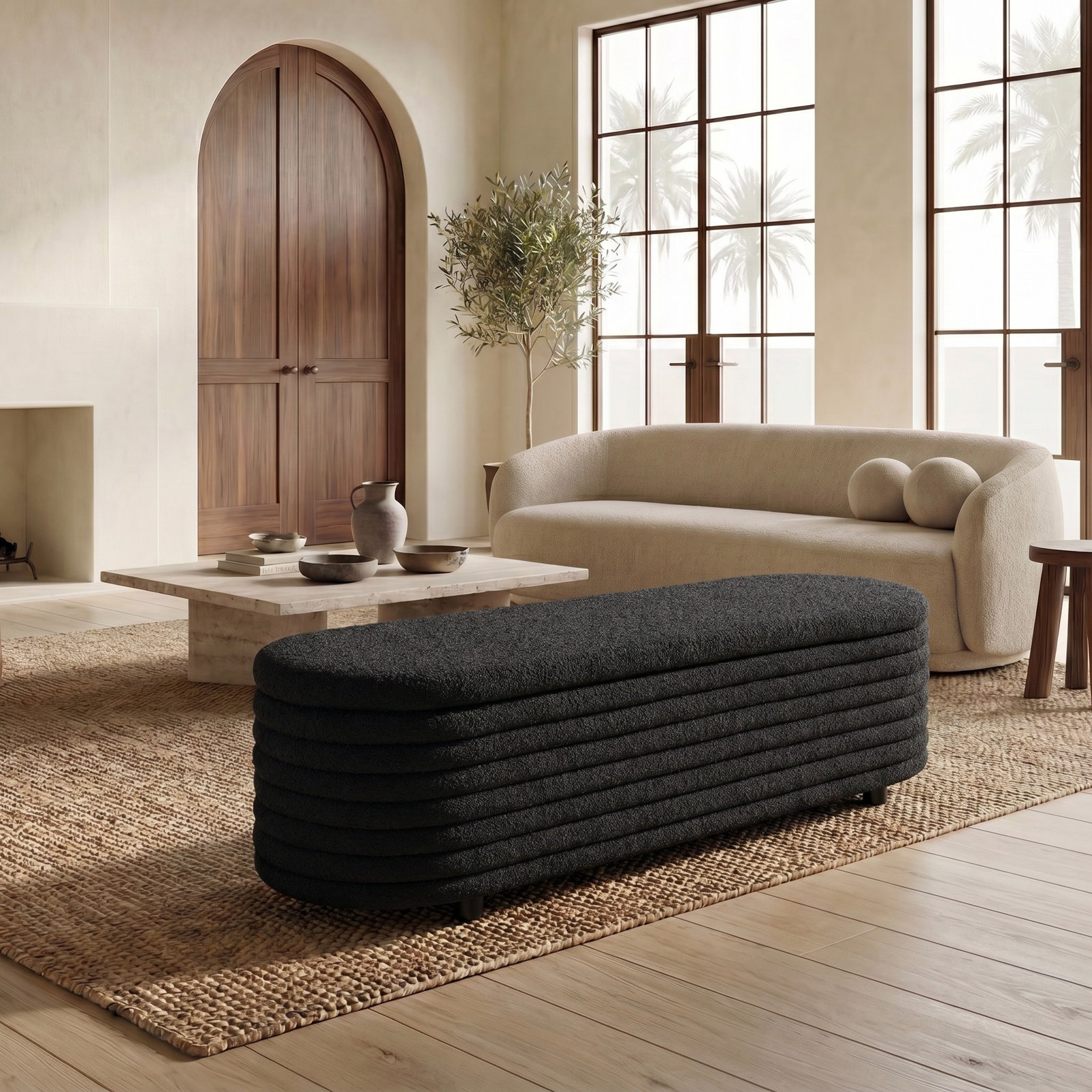 Delray 60" Linen Bedroom Bench, Black Boucle