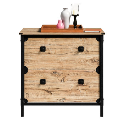 Classeur latéral rustique - aspect industriel, beige et fini naturel récupéré, deux tiroirs pleine extension pour le rangement, bureau à domicile idéal et entrées, finition brune pour s'agencer au style de décor, structure en métal
