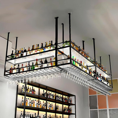 Support à verres à vin 47,2 po au plafond, support à vin suspendu avec tablettes transparentes en acrylique et lumières DEL, présentoir à liqueur suspendu à usages multiples moderne pour bar, décoration de cuisine (47,2 po / 120 cm)
