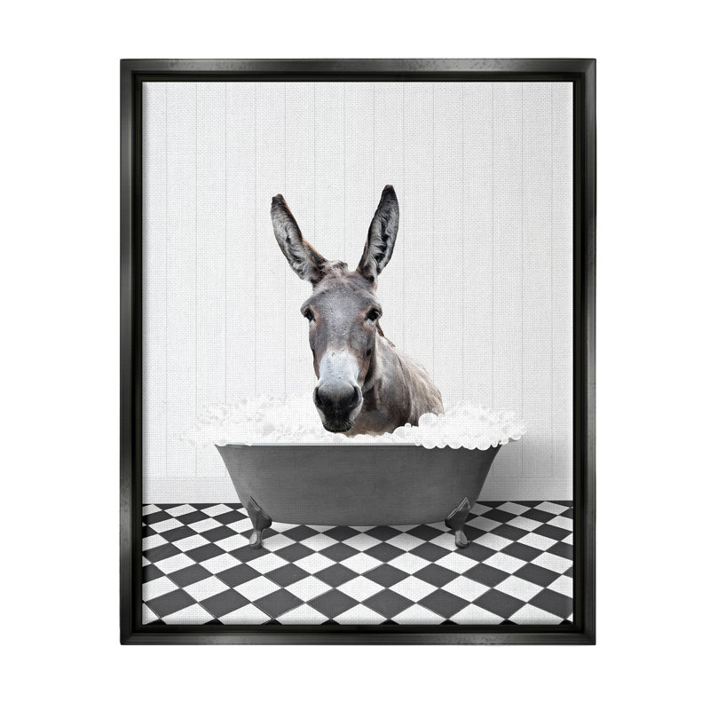 " Donkey In Vintage Bath ", Jet Black Floater Frame, 31" H x 25" W x 1.7" D