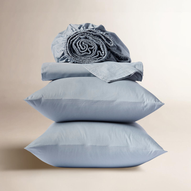 Organic Crinkled Percale 100% Cotton Percale Sheet Set, Twin Sheet Set with 1 Pillowcase, Steel Blue