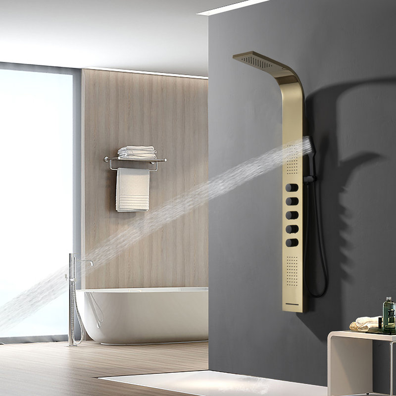4-way Diverter Shower Tower Panel System with Fixed Shower Head, Black Gold