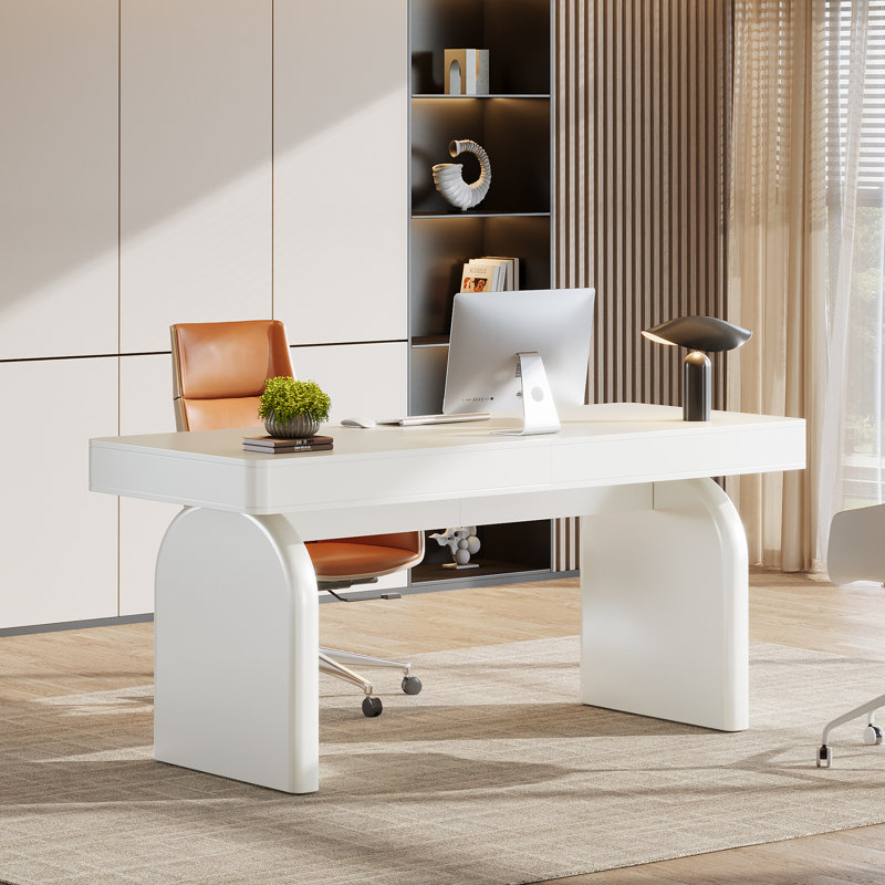 63" White Desk with Drawers, Modern Glossy Executive Office Desk, White