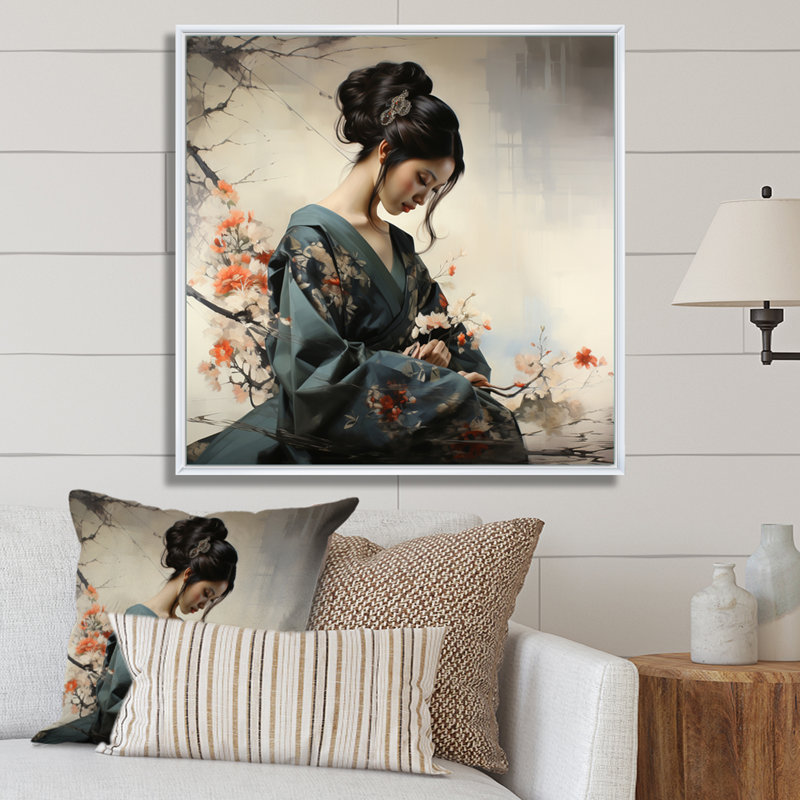 «Asian Art Geishas Grace», reproduction d'art sur toile asiatique, 44" H x 44" W, Cadre flottant blanc