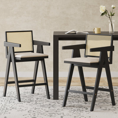 Comfortable Foam - Padded Fabric Seat Bar Stool With Durable Rubberwood Frame And Woven Cane Plastic Backrest For Bar And Kitchen Use