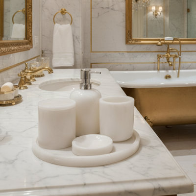 Ensemble de salle de bain 7 pièces 100% marbre, brosse et poubelle de toilette, distributeur de savon, porte-savon pour bar et porte-Cotton Swab, plateau de coiffeuse