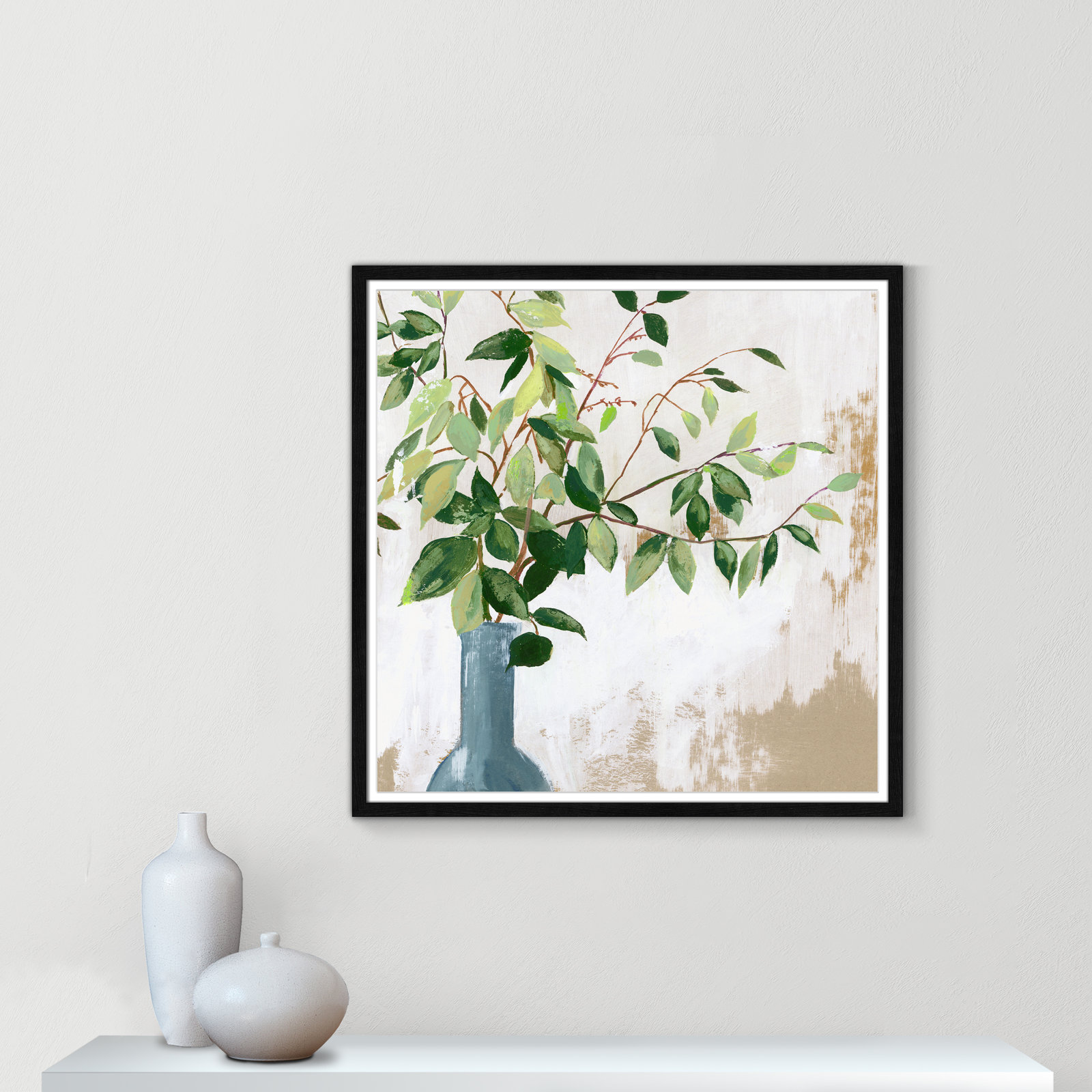 Green Fall Leaves by Asia Jensen - Picture Frame Painting, Black Framed, 27.5" H x 27.5" W x 0.75" D