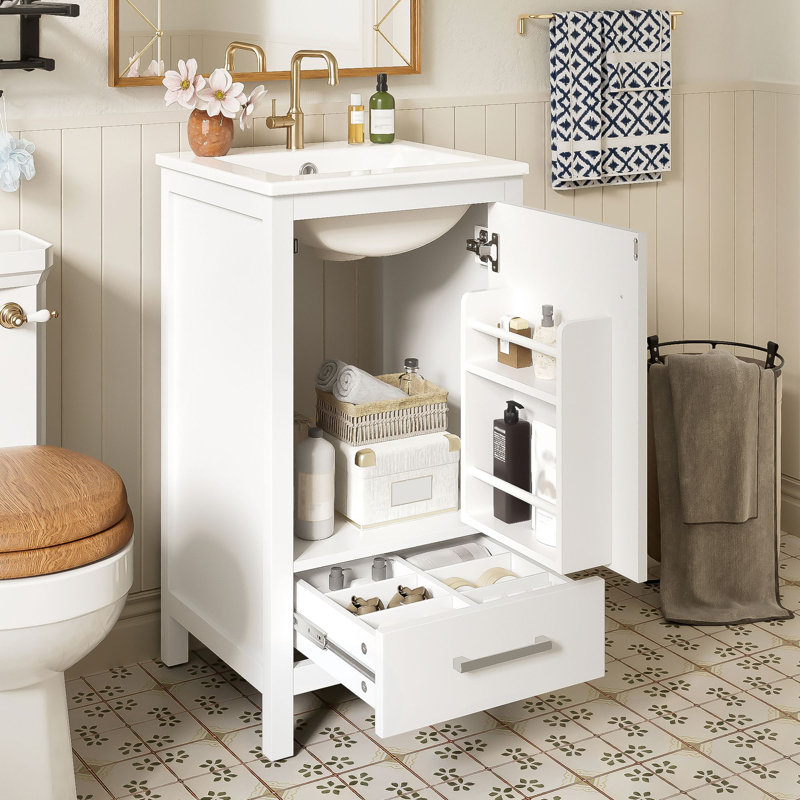 18-Inch Modern Bathroom Vanity with Ceramic Sink, Soft-Close Drawers and Door Organizer, Divider Drawer, and Adjustable Plastic Foot Pads – Space-Saving Storage Solution for Narrow Spaces