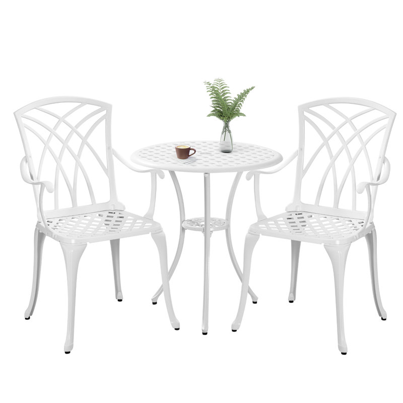 Cast Aluminum Patio Bistro Sets with Umbrella Hole,White 3 Piece Bistro Set Outdoor Table and Chairs for Garden