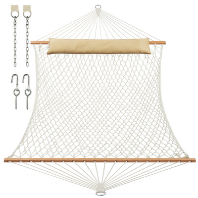 Traditional Rope Double Hammock  With Hardwood Spreader Bar And Pillow 450lb Capacity 2 Person Hammock For Outdoor Indoor Patio Yard - Natural