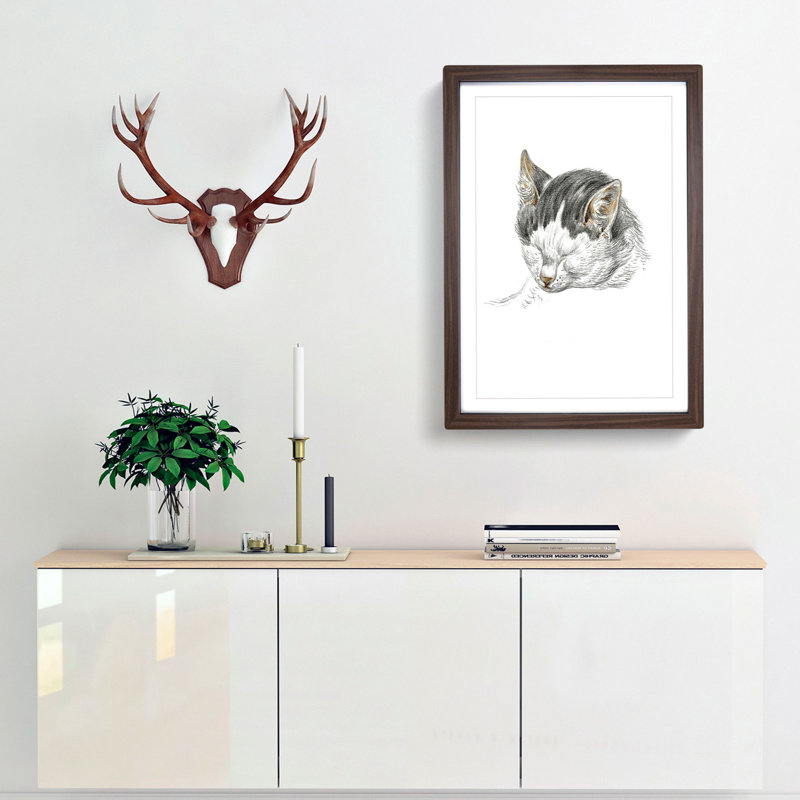 A Sketch of a Cat by Jean Bernard - Framed Print, 45cm H x 33cm W x 2cm D, Walnut Framed