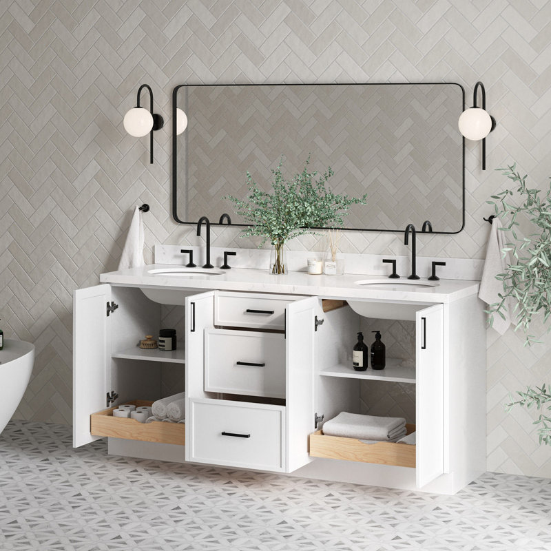 Meuble-lavabo double 72 po ARIEL Kelly avec comptoir en quartz de Carrare, Blanc