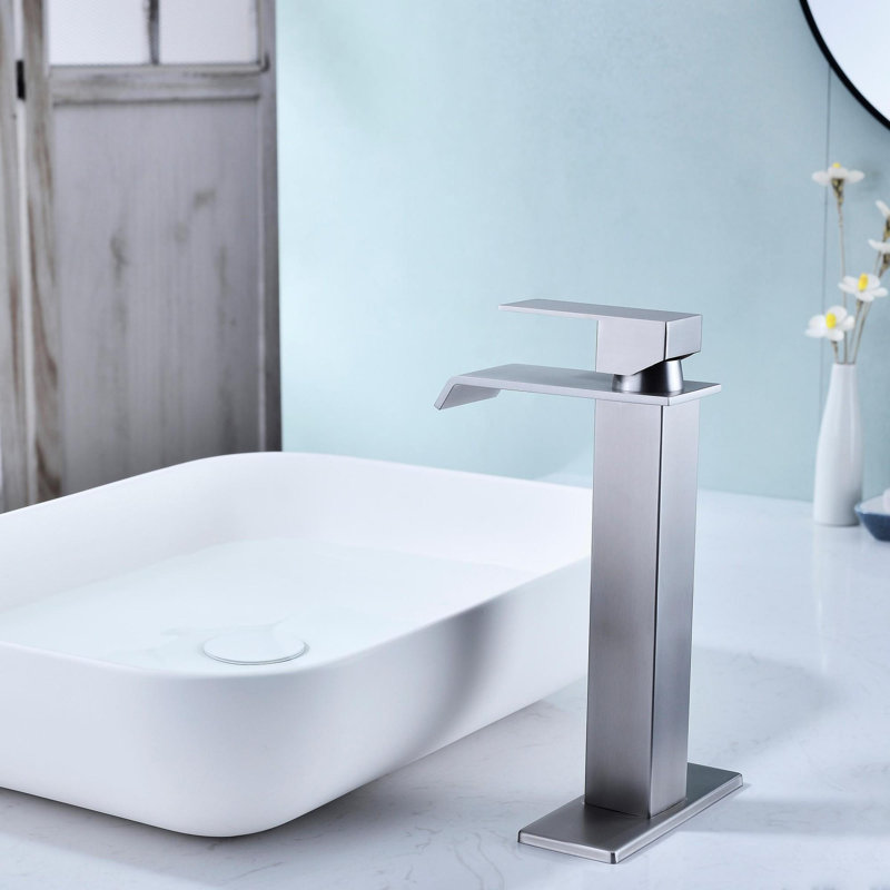 Single Handle Bathroom Vanity Sink Faucet with Waterfall Spout, Brushed Nickel