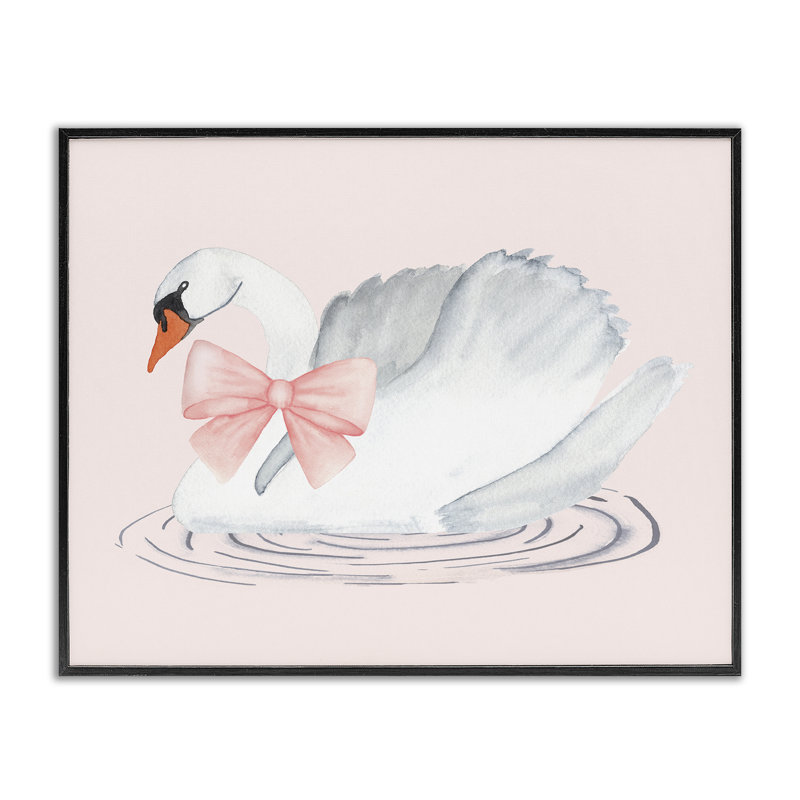 Cygne blanc avec ruban rose, estampe numérique, conception de Nina Jacobs, Giclée encadrée noir minuit, H 24 po x l 30 po