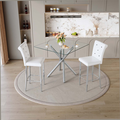 Ensemble de 2 tables de bar et tabourets de bar à hauteur fixe en verre Modern