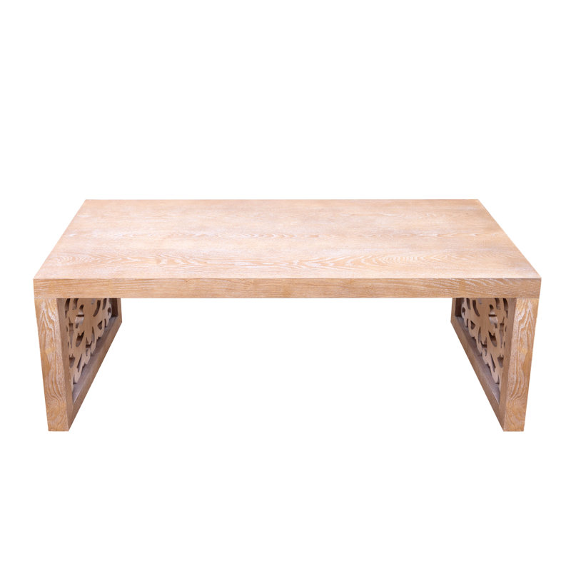 Table basse 47,2 "en bois massif sculpté - aspect fabriqué à la main avec panneaux latéraux ornés, Naturel, Naturel